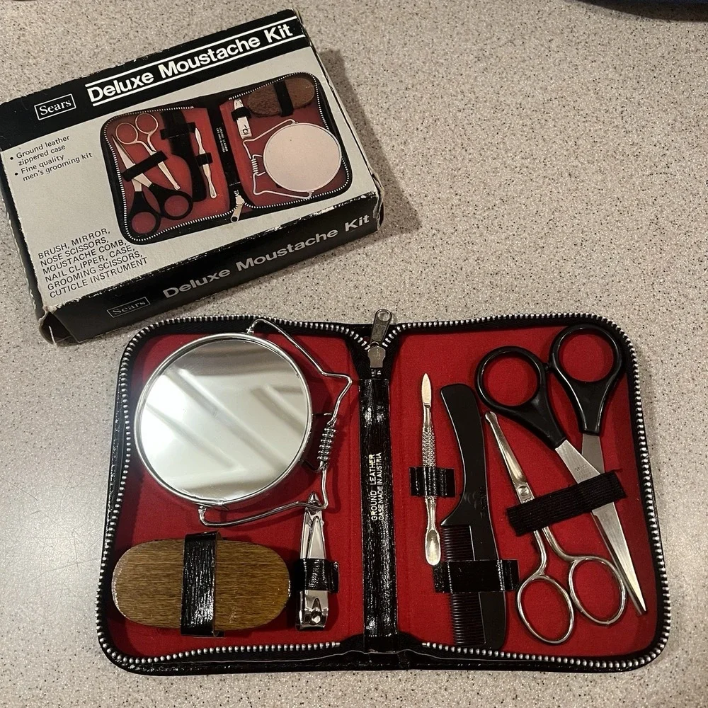 Vtg Sears & Roebuck Mens Grooming Kit‎ Set Black Leather Case Austria New in Box
